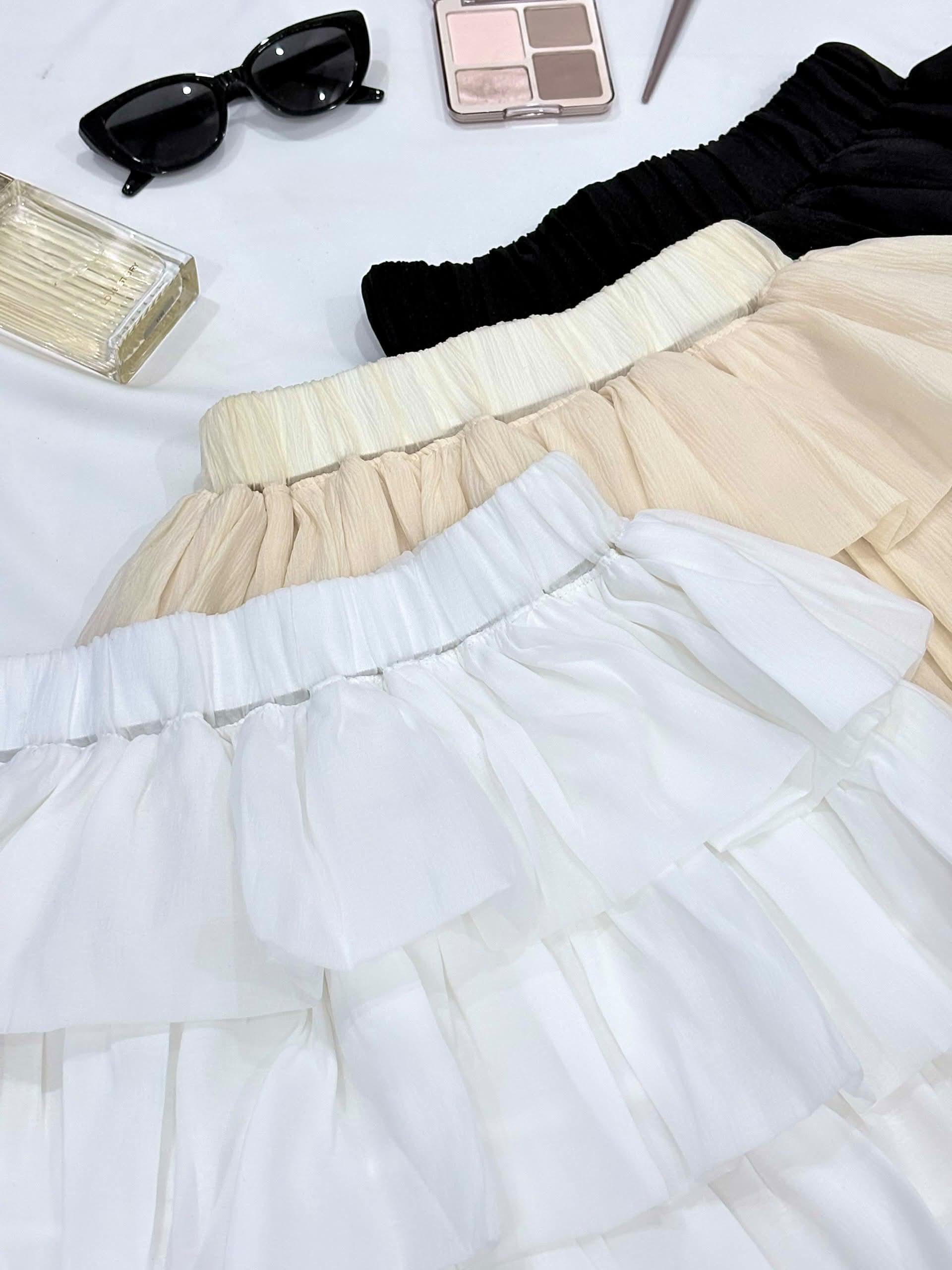 Chân váy tầng chiffon trắng, be và đen
